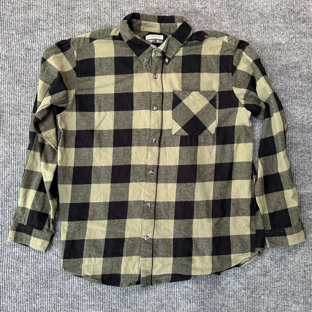 Magellan Outdoors Classic Fit Flannel Shirt XL Olive Black Buffalo Plaid Cotton